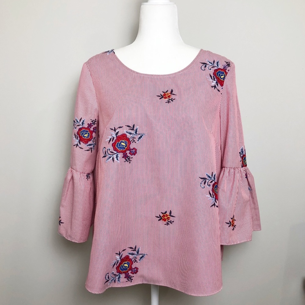 Nine West Red and White PinStripe Bell Sleeve Top | Small - Picture 3 of 14